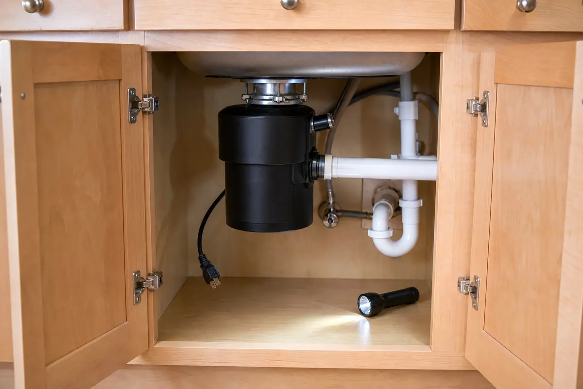 Garbage disposal under a sink checked before resetting a tripped overload button