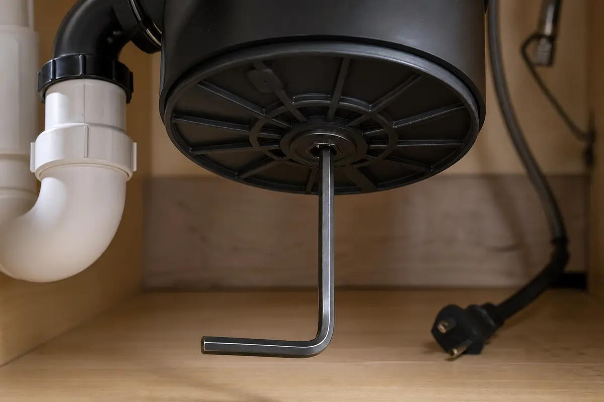 Garbage disposal jam key used at the bottom wrench slot to free a stuck turntable