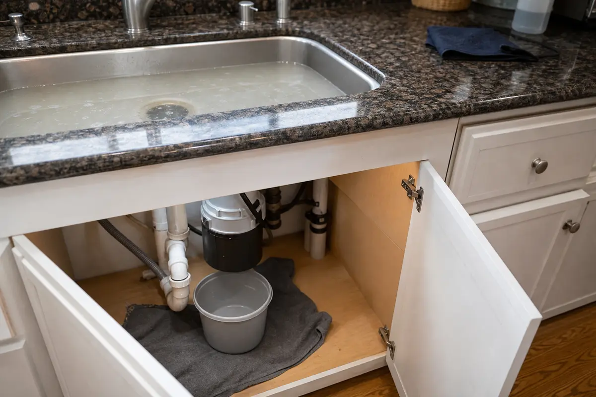 Slow draining kitchen sink and under-sink garbage disposal checked before another reset attempt