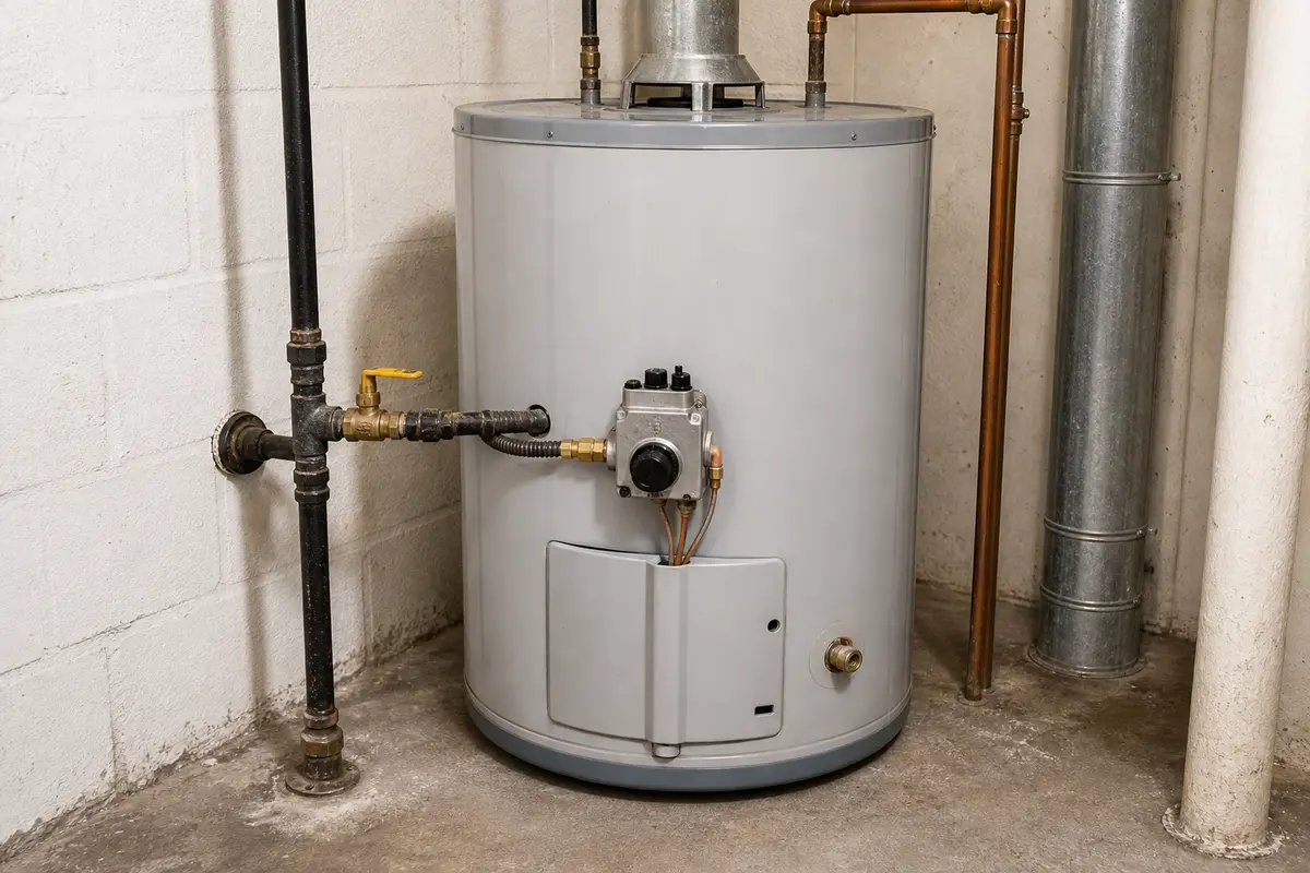 Gas tank water heater with gas line, shutoff valve, flue, and lower burner access area visible