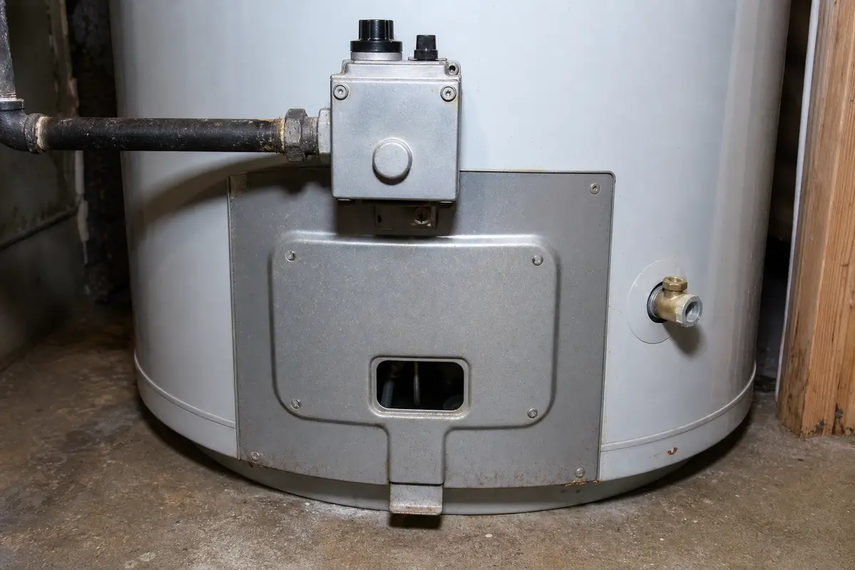 Lower gas water heater burner access area where the pilot flame should be checked
