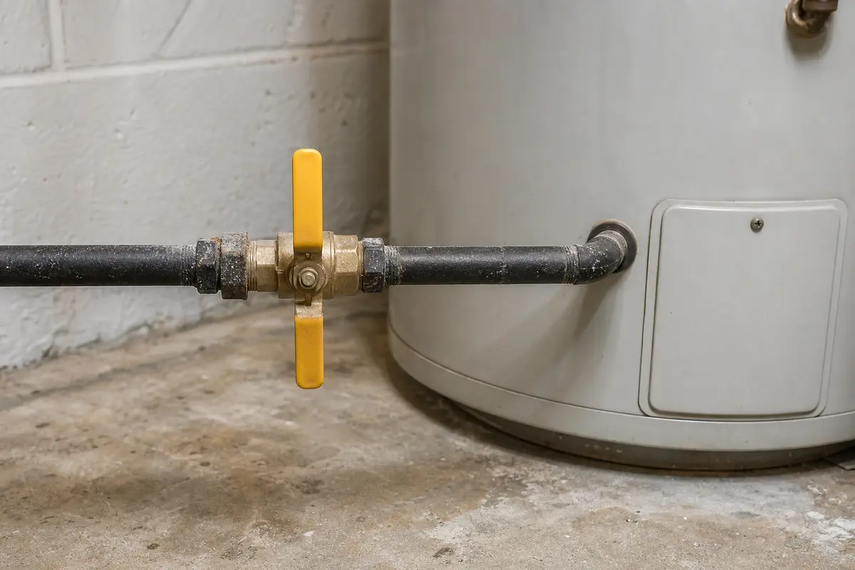 Gas water heater shutoff valve handle turned perpendicular to the gas pipe