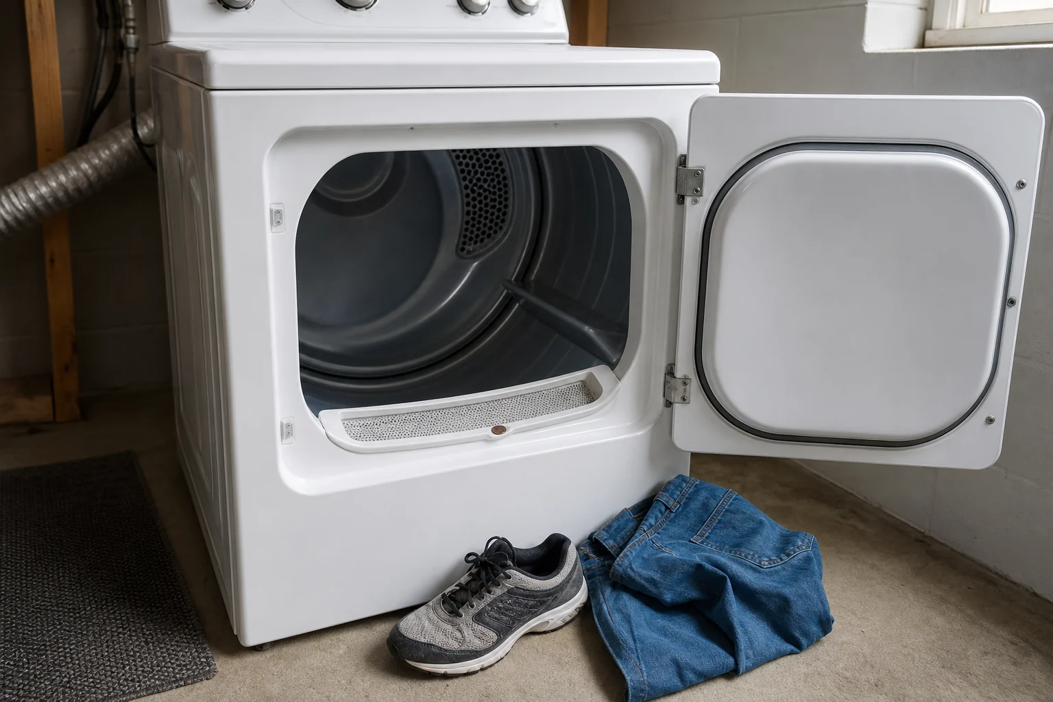 Open dryer with empty drum and removed shoe and jeans for a GE dryer thumping noise load check