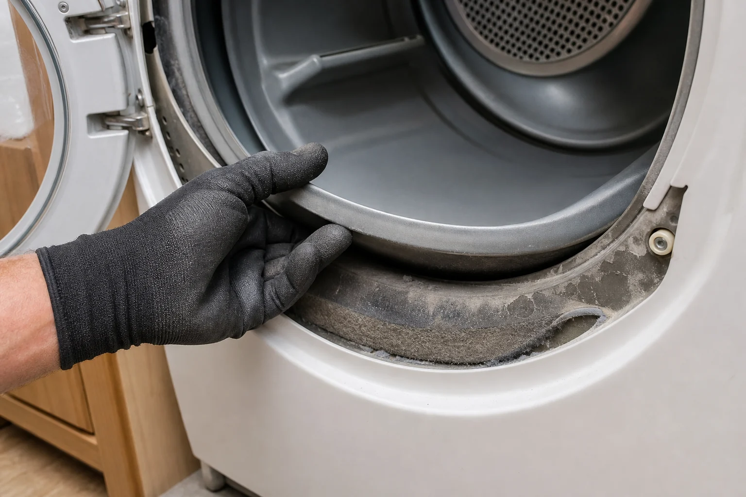 Gloved hand lifting the front edge of a dryer drum to check worn front glides and rubbing
