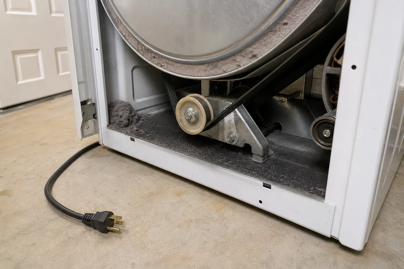 Unplugged dryer with lower cabinet open for belt and idler pulley inspection