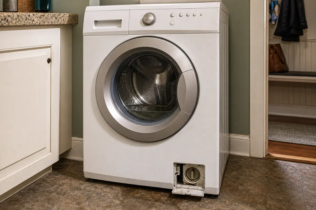 GE style front load washer door stuck closed with latch side and lower access area visible