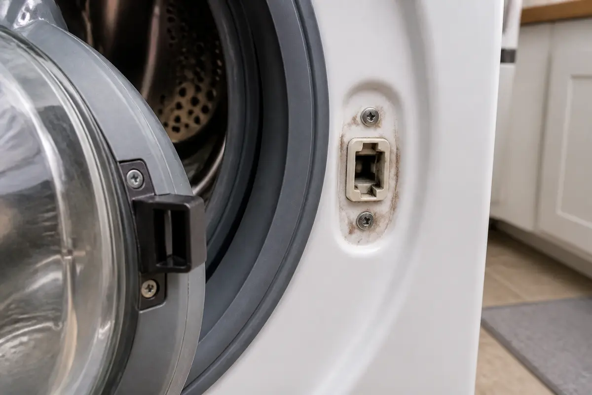 Front load washer latch opening and door strike area inspected after the tub is empty