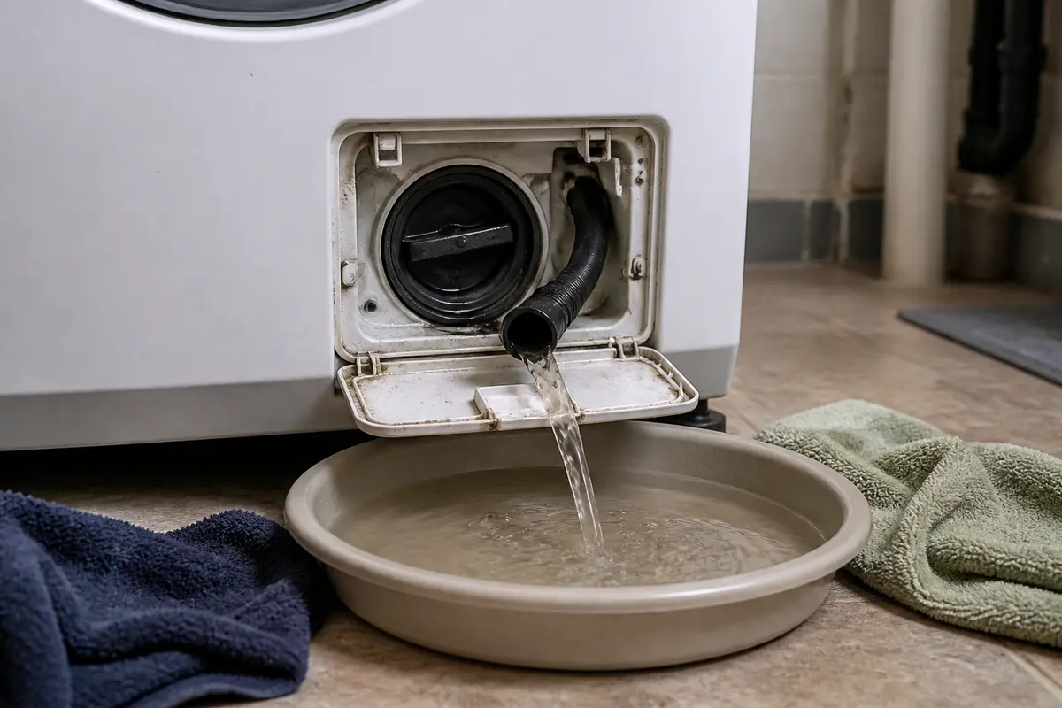 Lower washer pump filter access draining water into a pan during stuck door troubleshooting