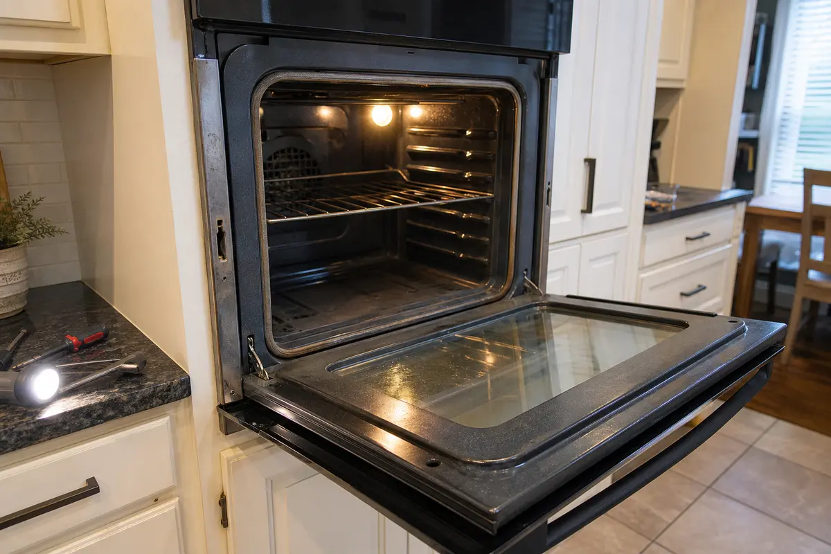 GE Profile style oven open for F9 door latch inspection