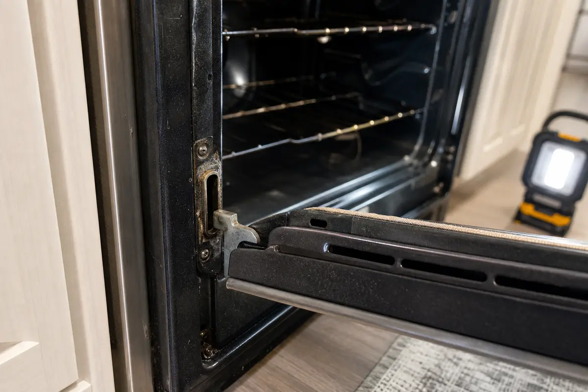 GE Profile style oven door alignment check near the latch opening
