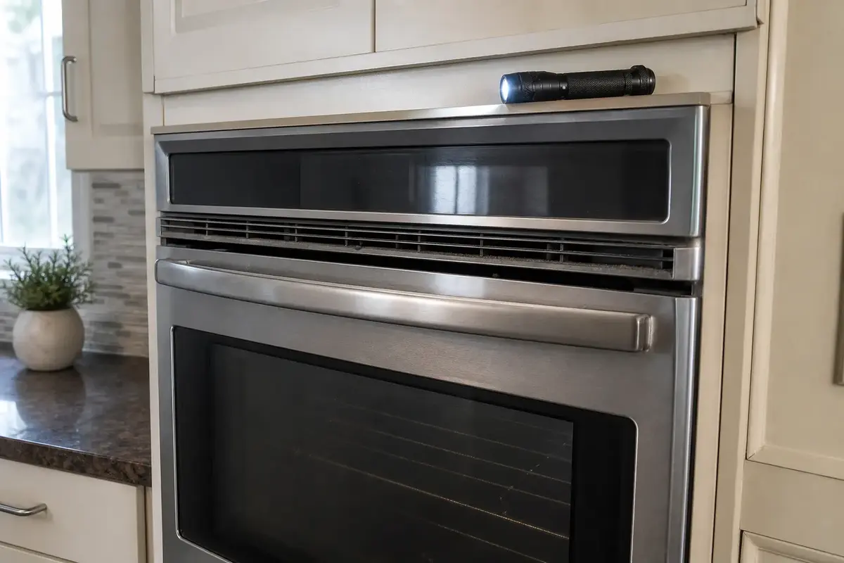 GE Profile style wall oven with upper cooling vent area ready for fan run-on inspection