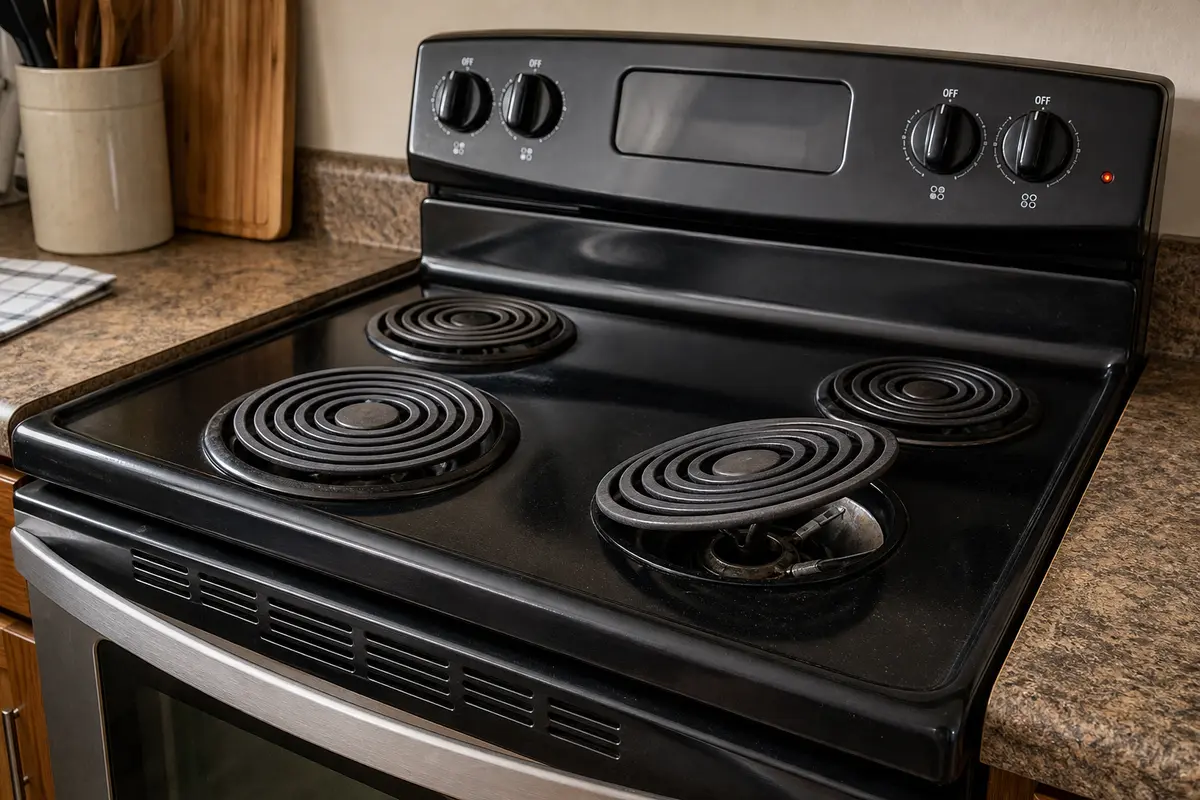 GE Profile stove electric coil lifted for same-size burner comparison