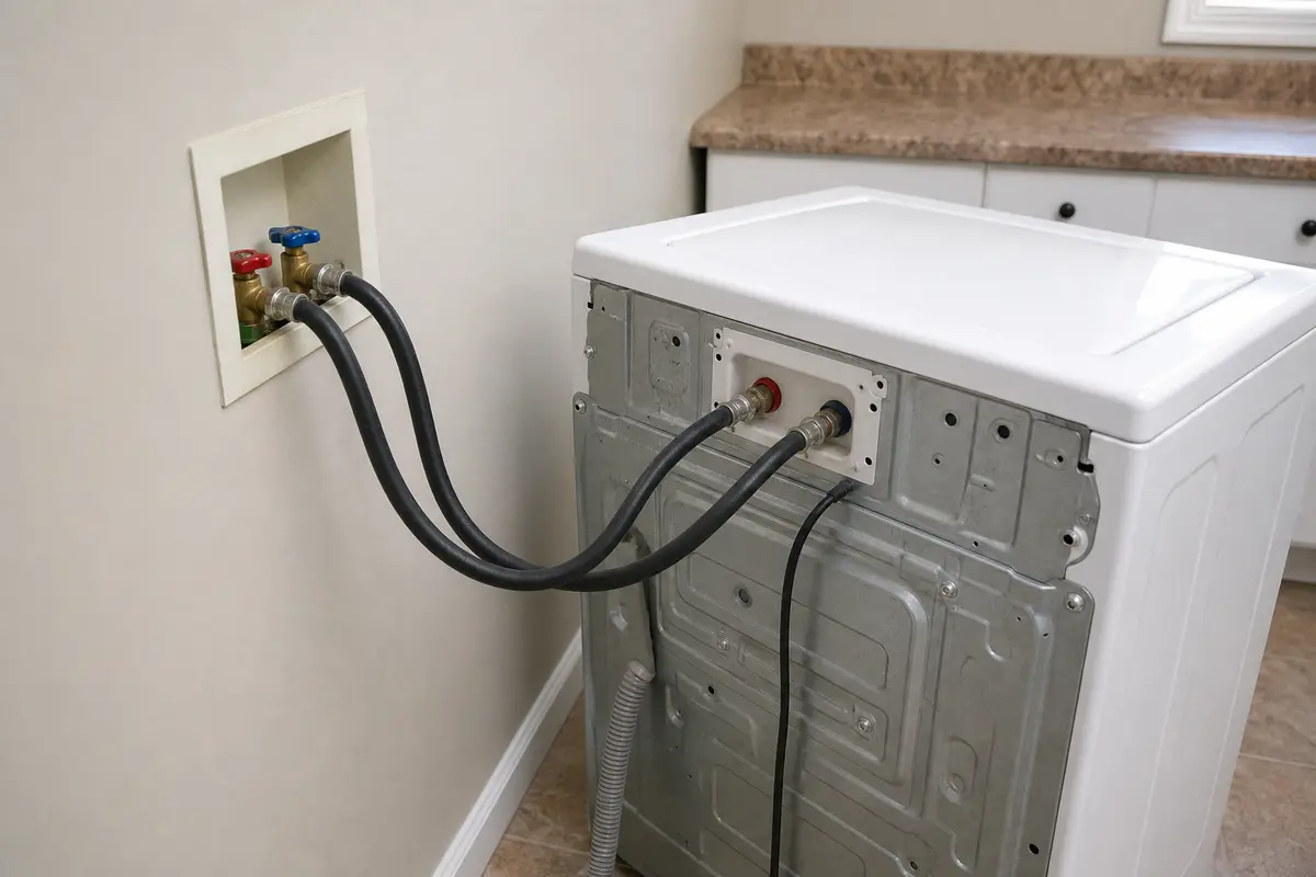 GE washer H2O Supply error wall valves and fill hoses behind a laundry washer