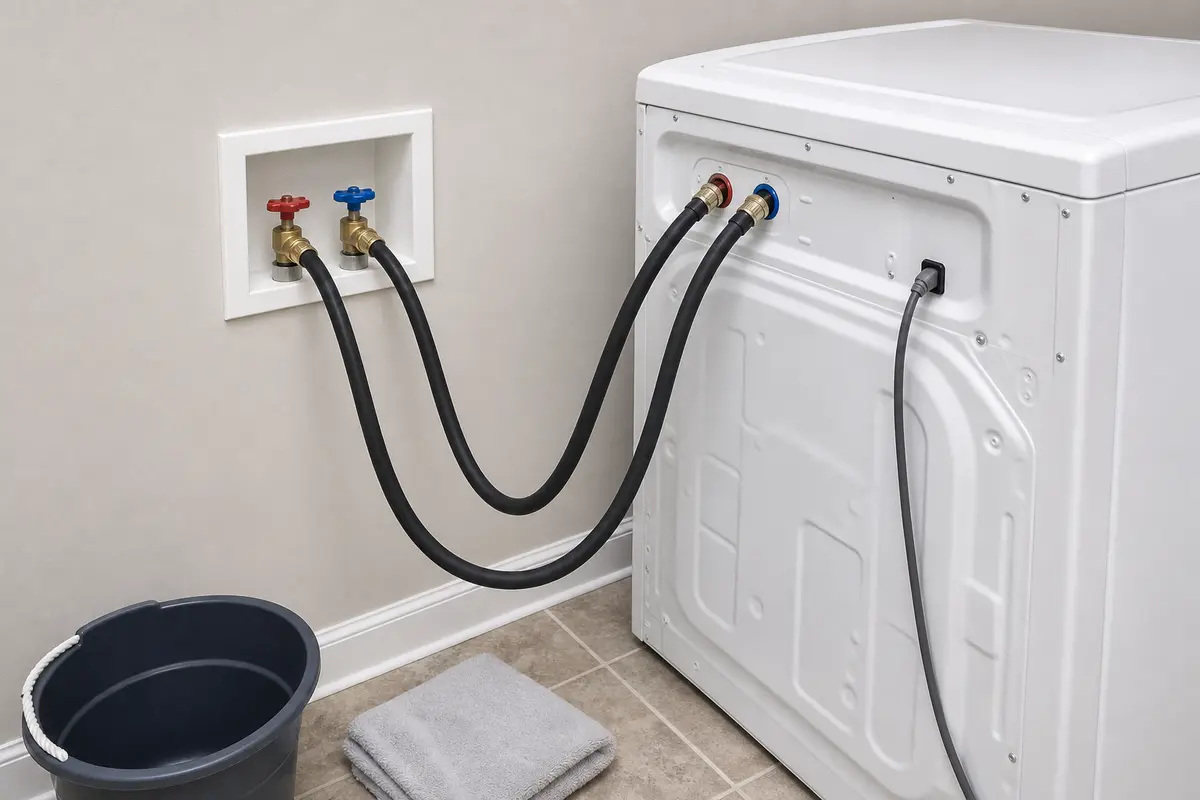 Normal washer water path with two open wall valves and relaxed hot and cold fill hoses