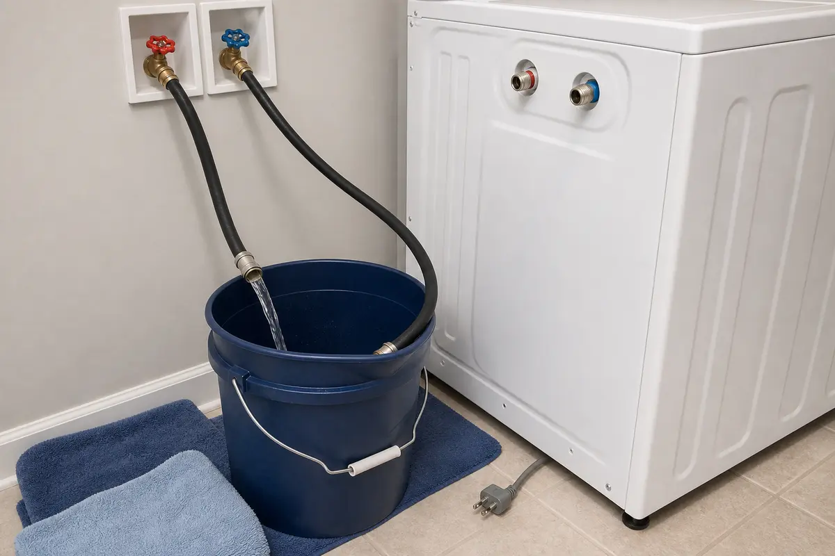 Washer unplugged while one disconnected fill hose sends a controlled stream into a deep bucket