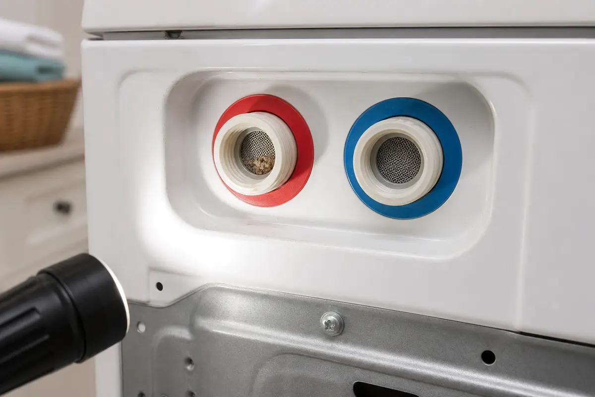 Washer hot inlet screen with mineral debris beside a clean cold inlet screen