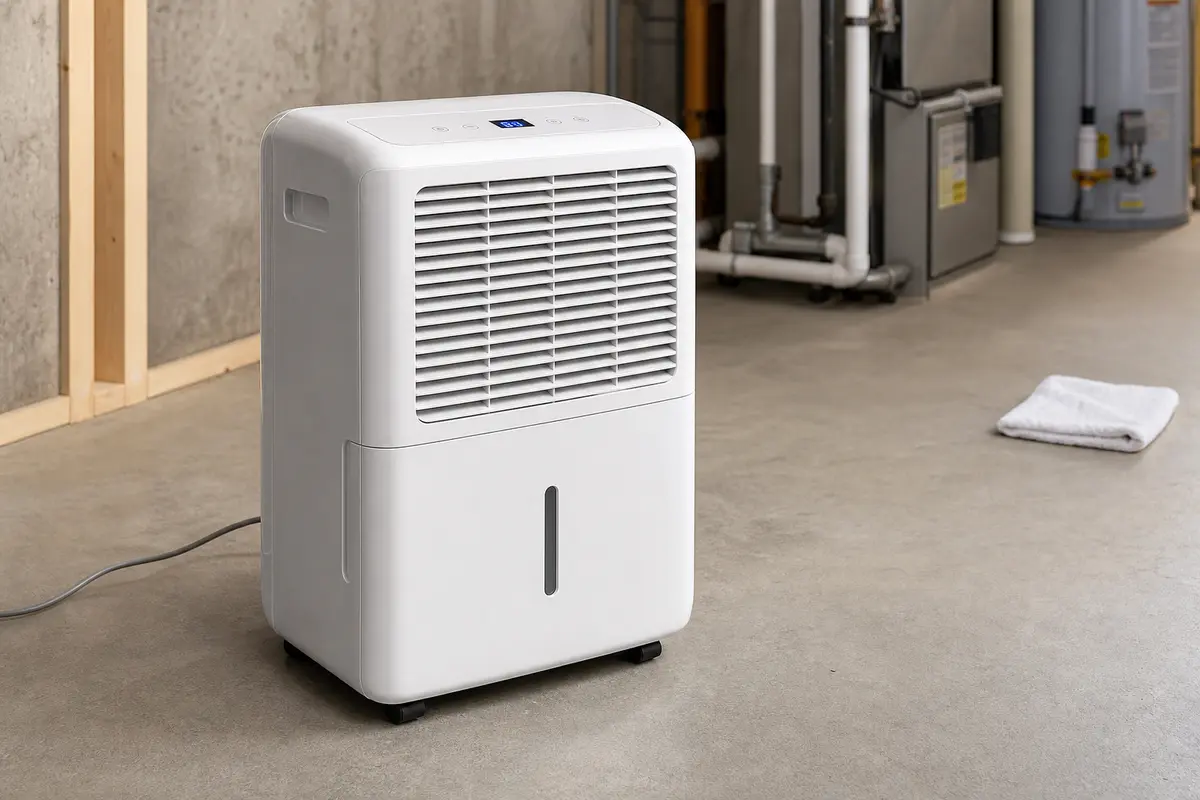 Honeywell dehumidifier in a utility room with open clearance for airflow troubleshooting