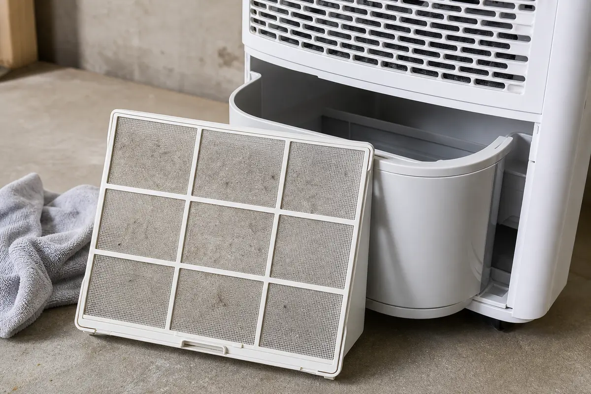 Dusty Honeywell dehumidifier filter and bucket area during a no water collection check