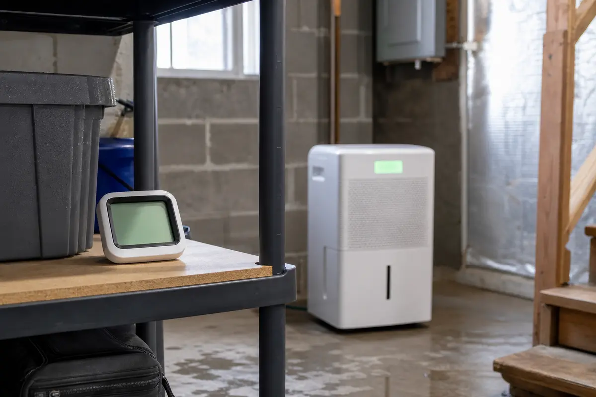 Honeywell dehumidifier in a basement with a room humidity meter for a dry tank check