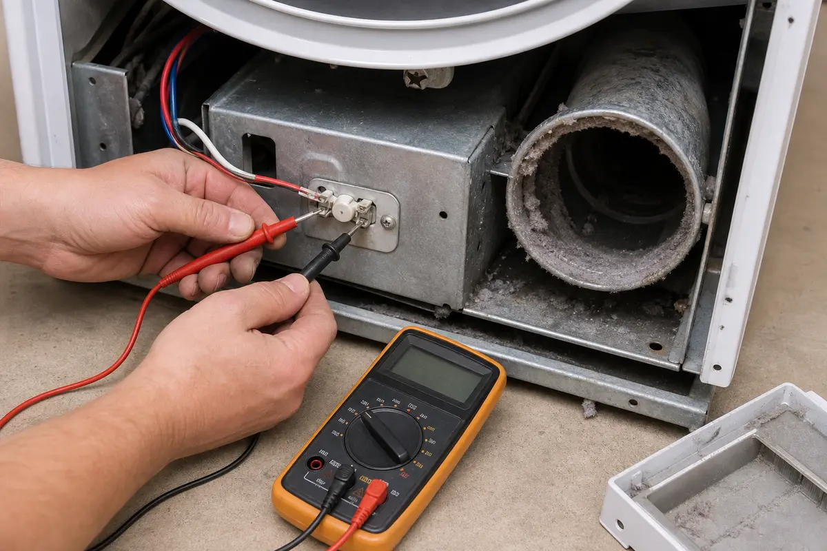 Unplugged dryer thermal fuse area checked with a digital multimeter after overheating