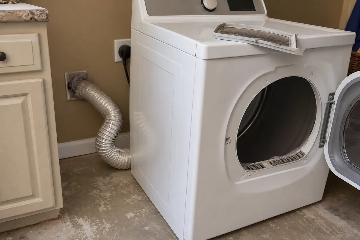 LG-style front-load dryer pulled forward with vent hose visible for a slow drying airflow check