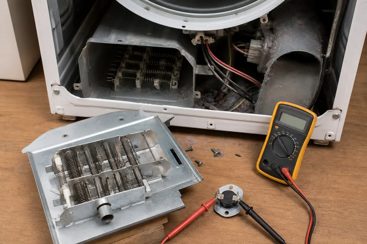 Dryer heat parts and multimeter prepared for unplugged slow drying diagnosis
