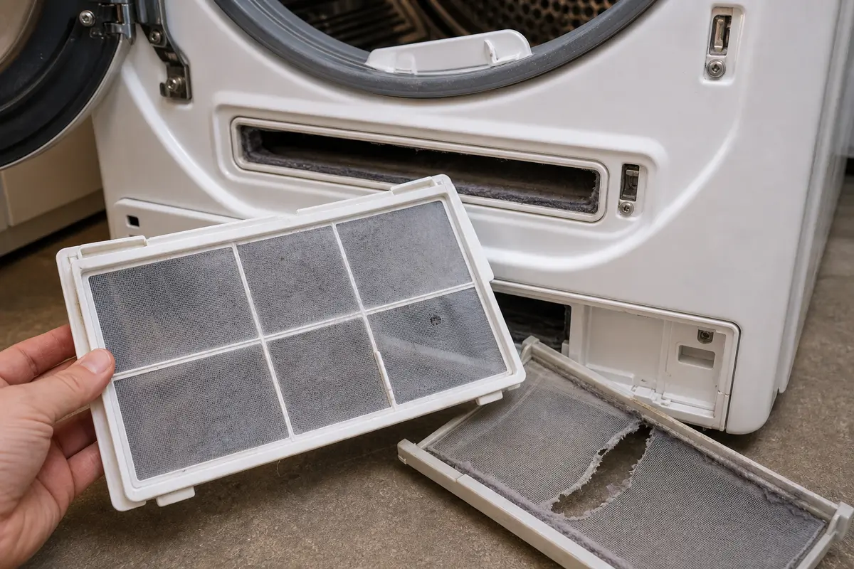Dryer lint screen closeup showing lint and residue that can slow dry times