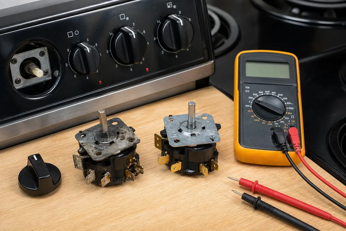 Unplugged electric range surface burner switch and multimeter for stuck high diagnosis