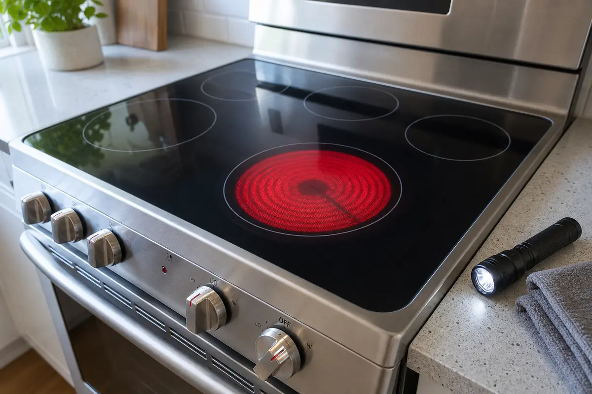 Electric range burner glowing bright red while the control is set low for a stuck high diagnosis