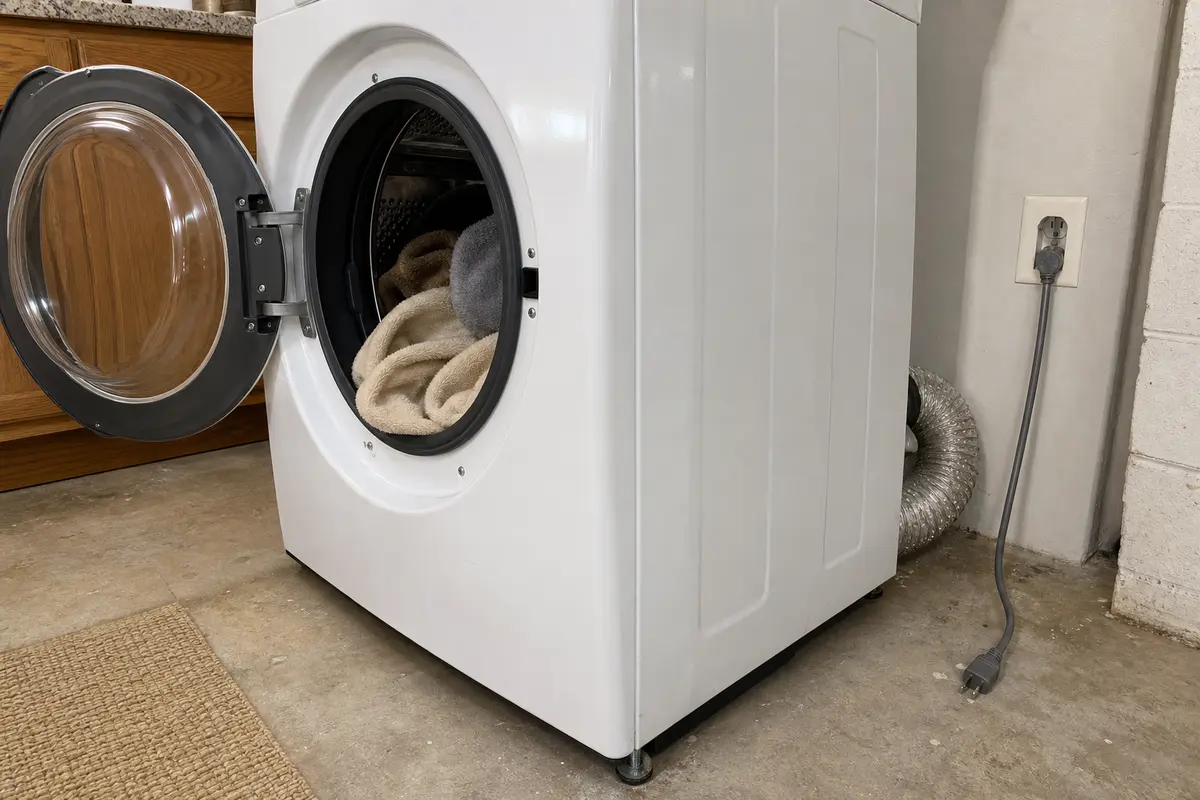 LG front-load dryer opened for mechanical noise diagnosis with drum and belt area visible