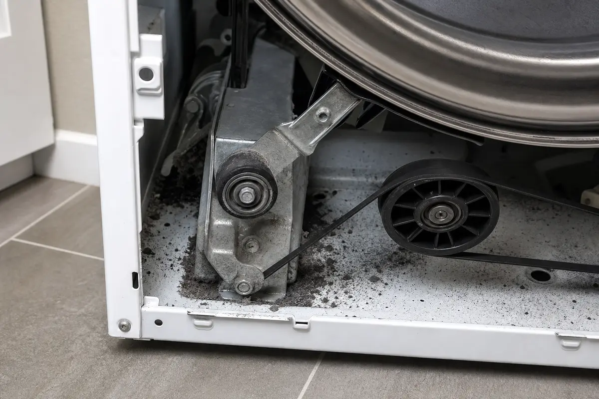Dryer drum roller and idler pulley close-up for LG gas dryer noise diagnosis