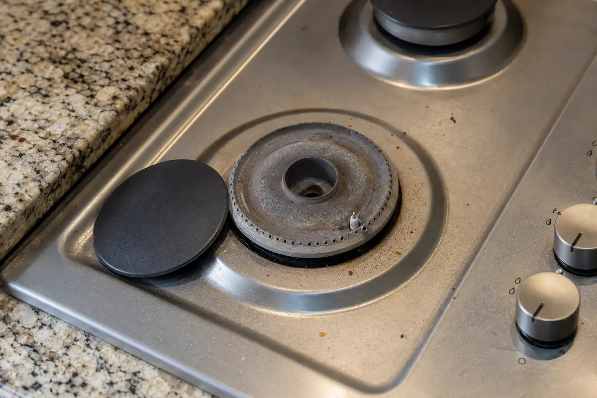 Gas burner cap and ports checked for debris before replacing an igniter