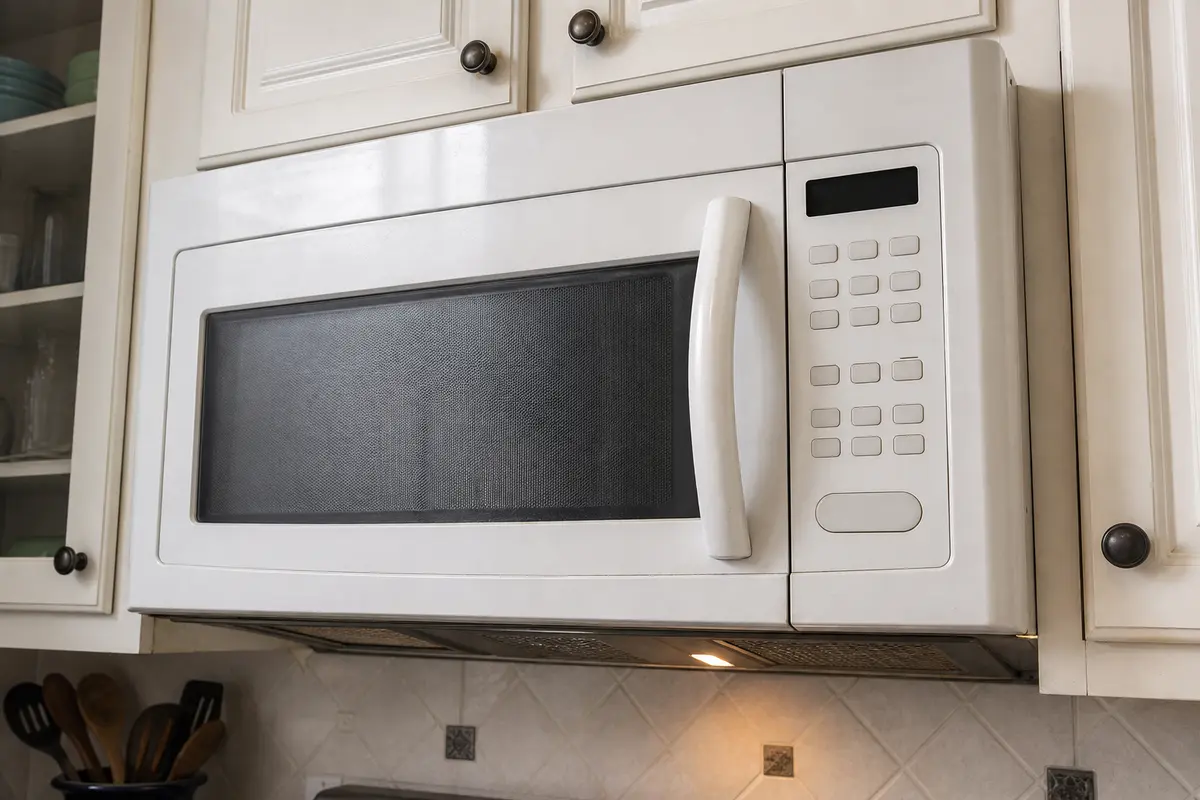 Over-the-range microwave control panel checked for sticky buttons and fan commands