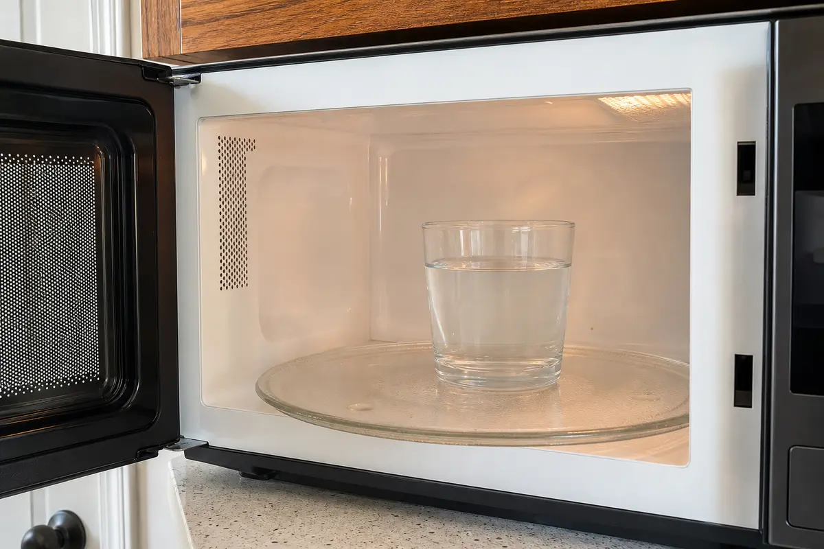 Cup of water in a microwave for a short check that separates fan noise from continued heating