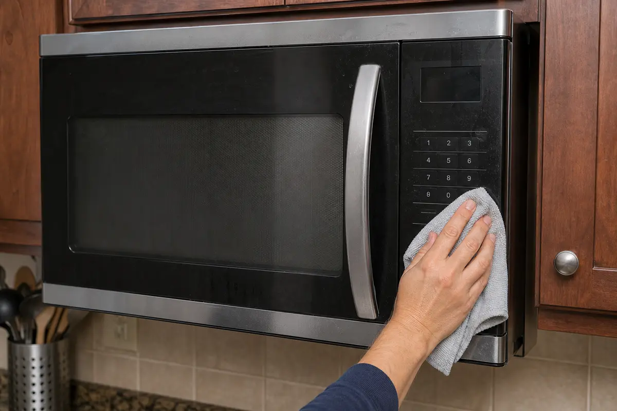 Microwave keypad being wiped dry during safe outside troubleshooting