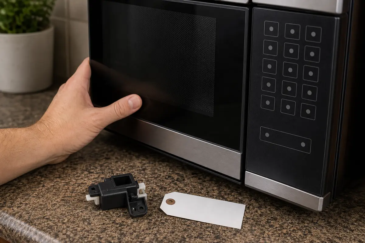 Microwave door latch area being checked beside an unresponsive keypad