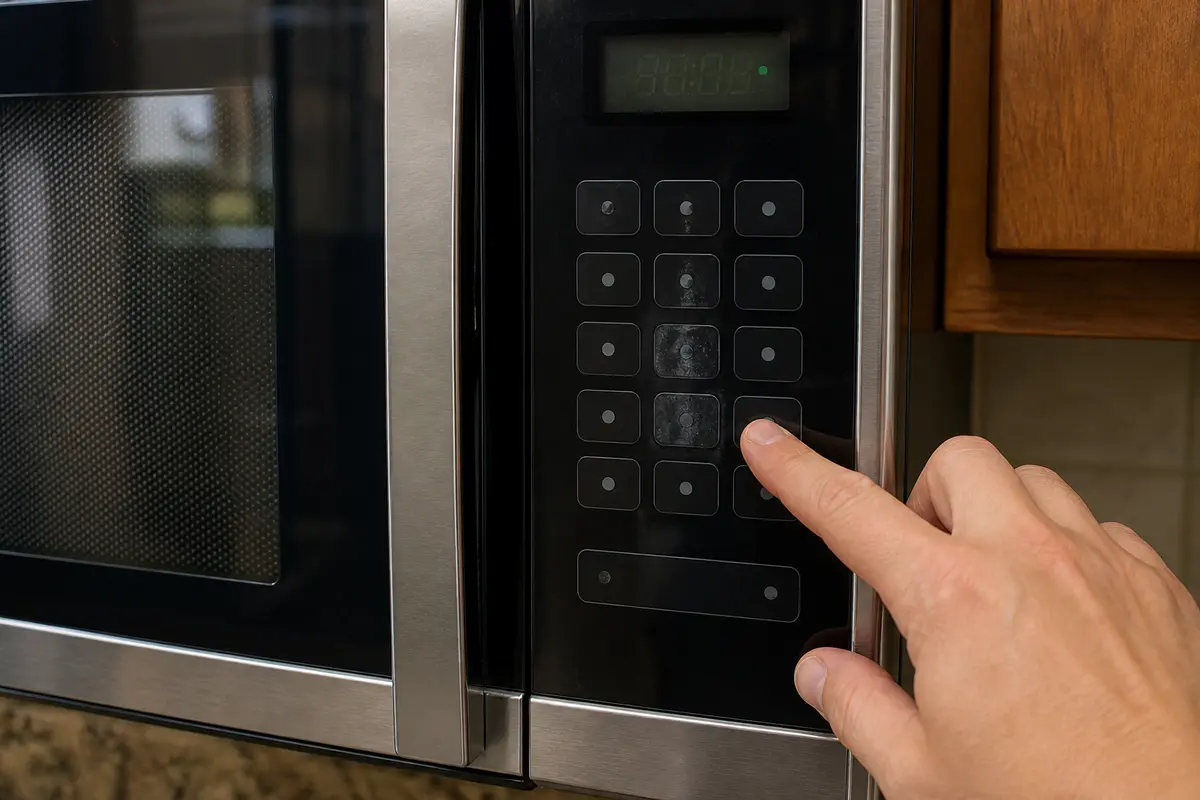 Worn microwave keypad buttons with a lit display during button-pattern diagnosis