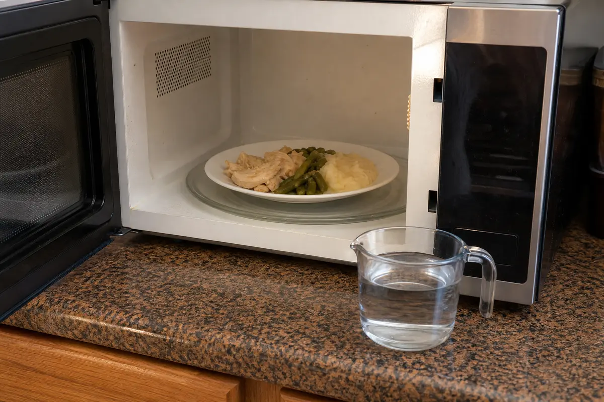 Open microwave with food inside while checking why the microwave is not heating