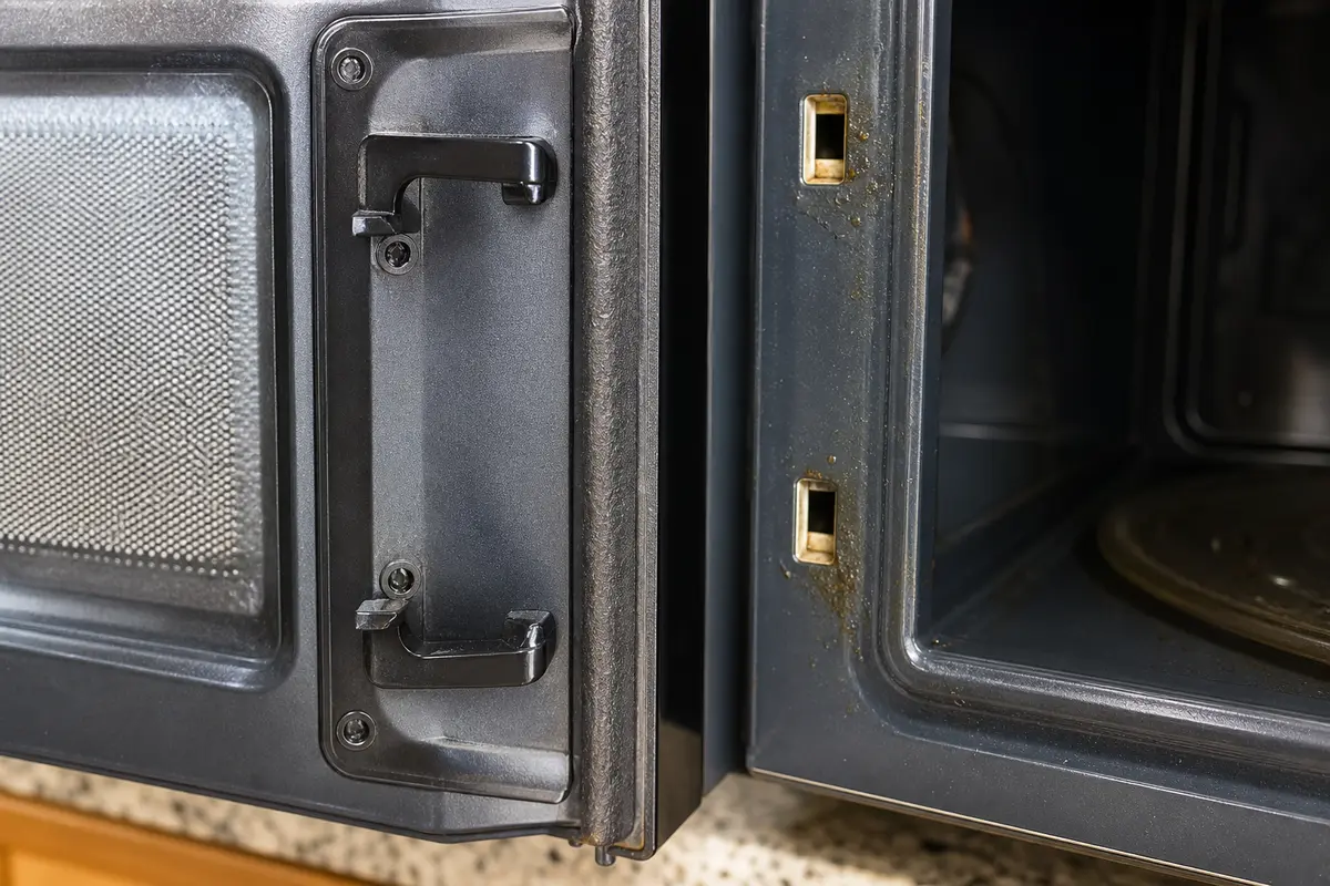 Microwave door latch close-up showing dirty latch openings during no-heat diagnosis
