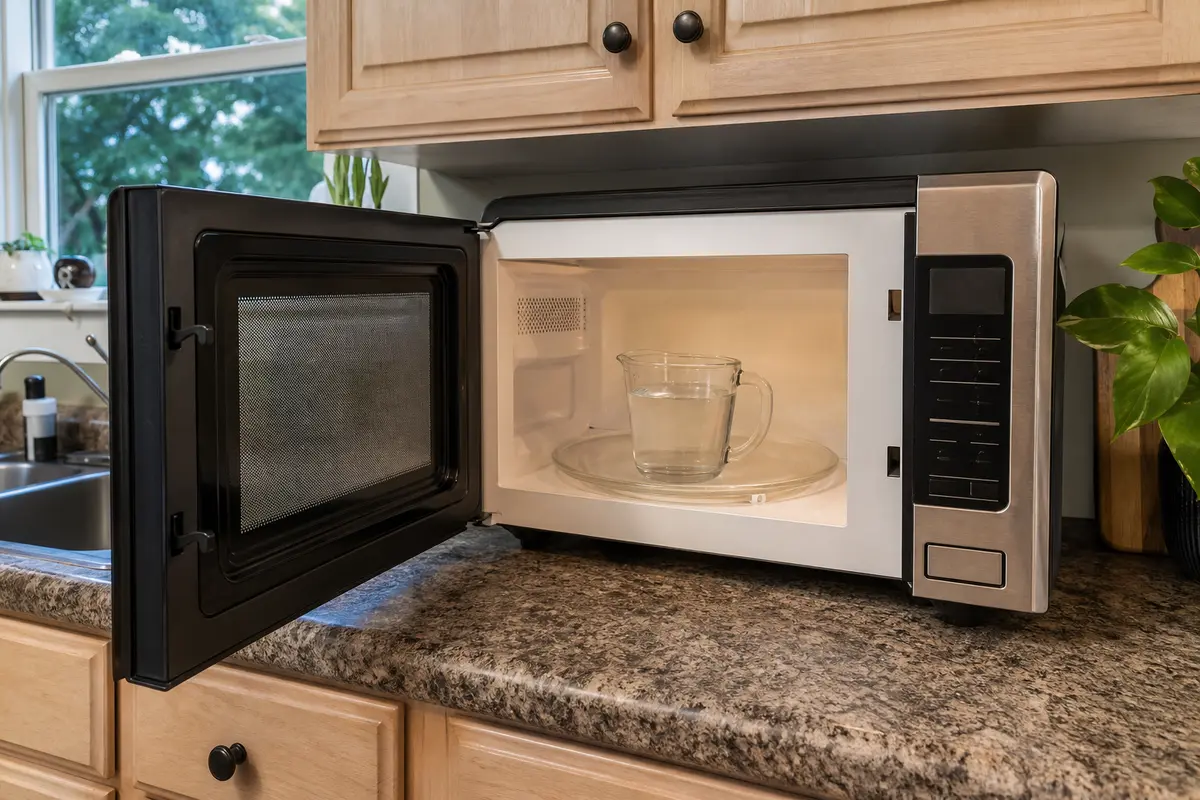 Microwave not heating water test with a measuring cup in an open microwave