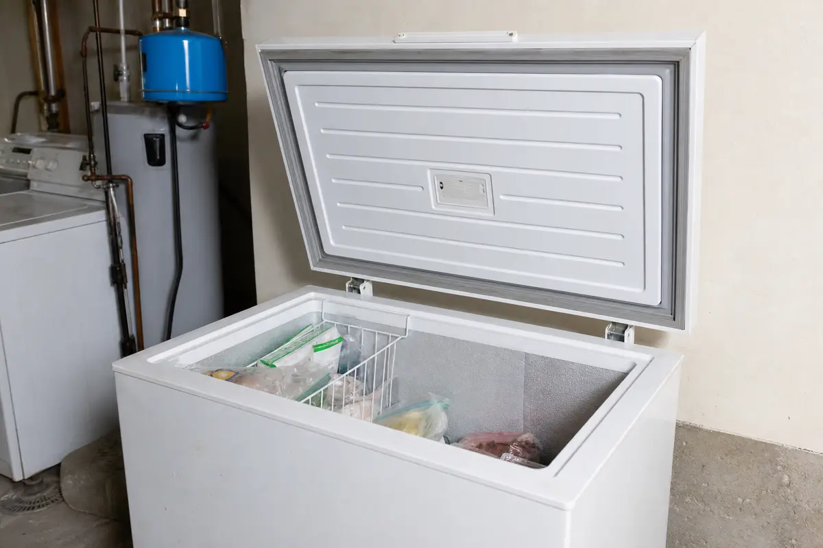 Midea-style chest freezer lid open for gasket and food-height inspection