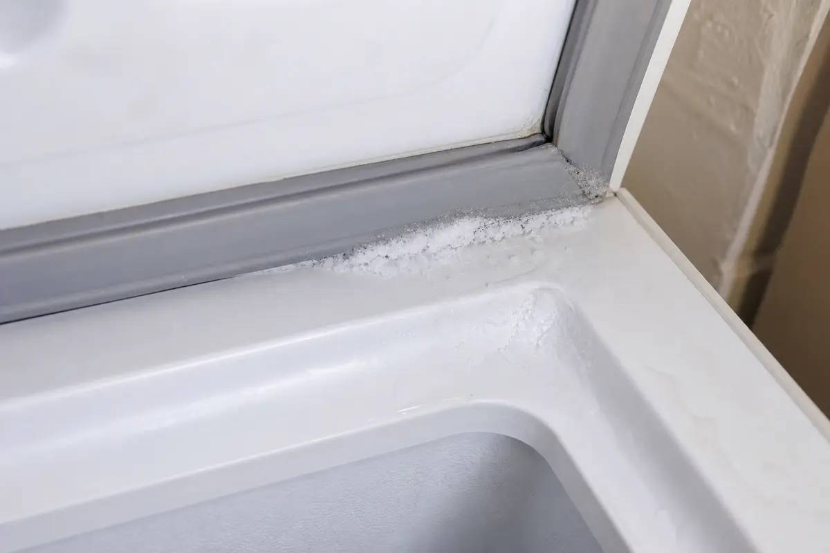 Chest freezer lid gasket and cabinet rim with frost along one sealing corner