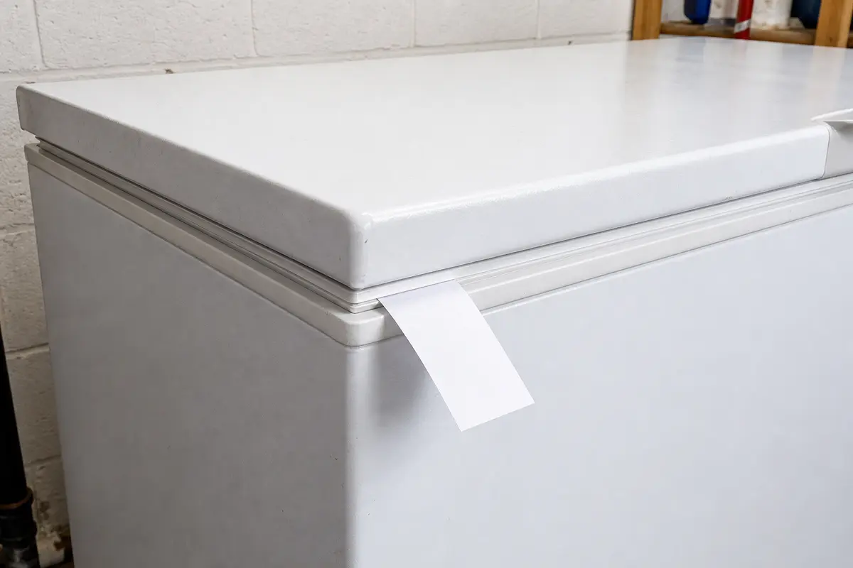 Paper strip sliding loosely from chest freezer lid gasket during seal test