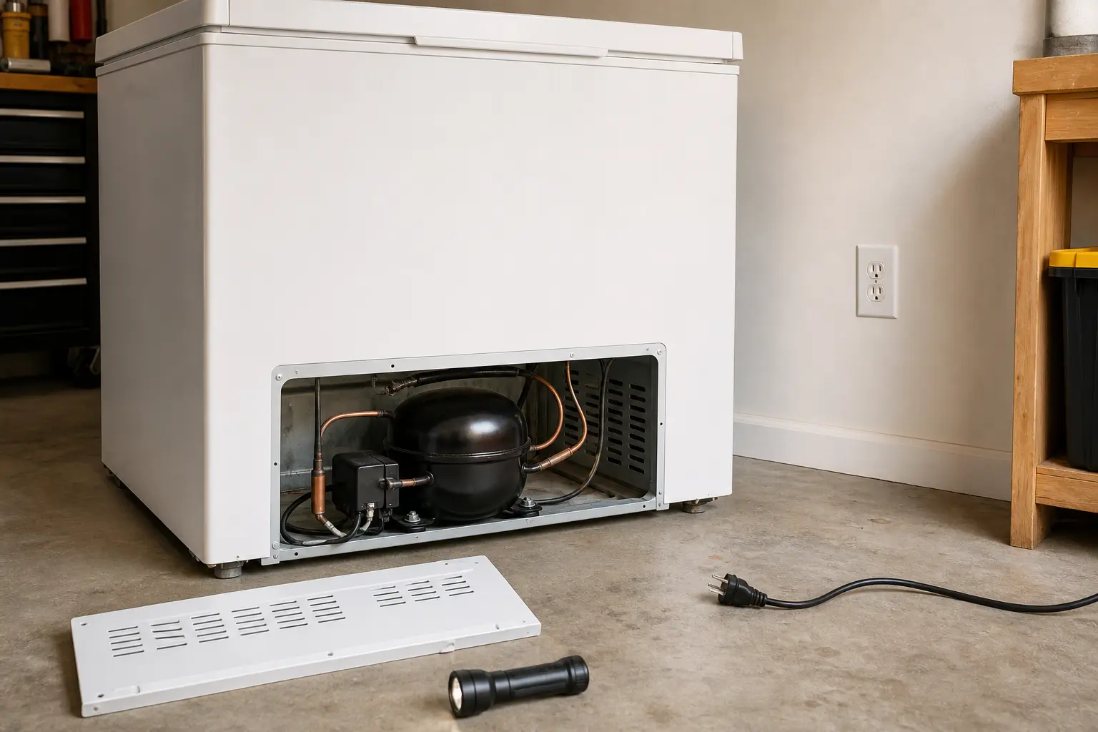 Unbranded white chest freezer unplugged with the rear compressor compartment open, empty outlet visible, and power plug on the floor
