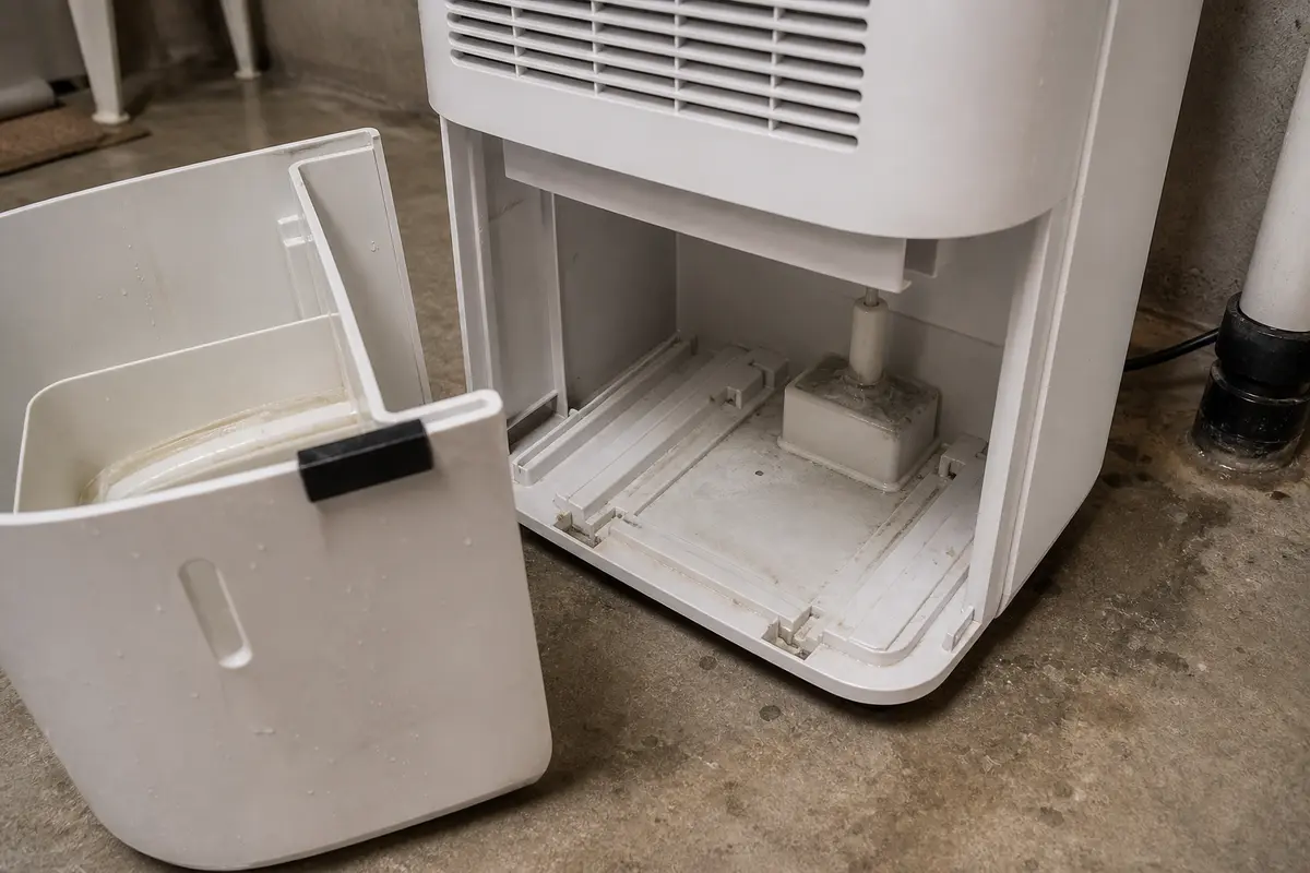 Dehumidifier bucket partially removed showing bucket rails and float area for inspection