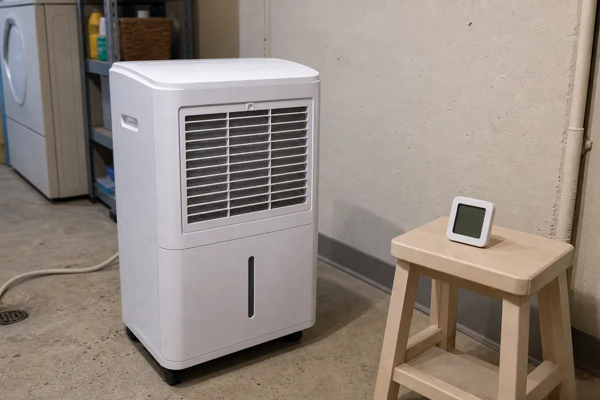 Midea-style dehumidifier and separate humidity meter set near each other for a same-air comparison