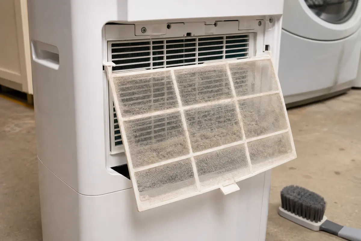Dusty dehumidifier filter partly removed from the intake area for humidity reading troubleshooting