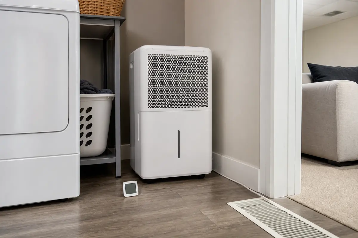 Midea-style dehumidifier crowded near a laundry area and floor vent where airflow can skew the humidity reading