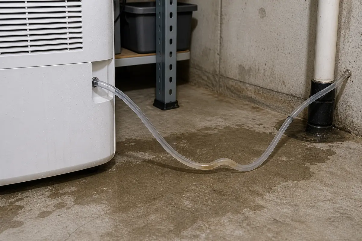 Dehumidifier drain hose with a kink and low sag that can stop pump discharge