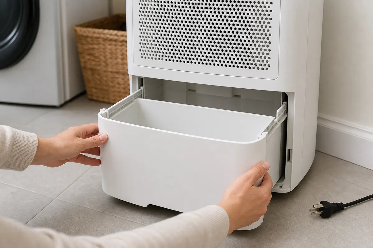 Empty removable dehumidifier bucket held squarely in front of both cabinet rails while the unit is unplugged
